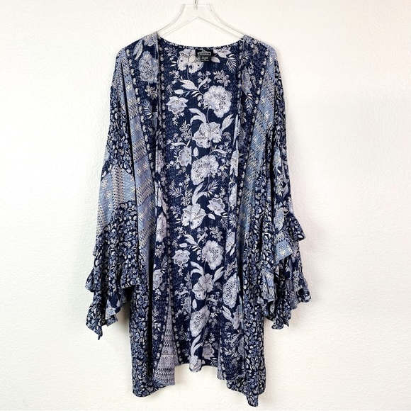 Angie Mix Print Bell Ruffle Sleeve Boho Kimono Size L - Picture 5 of 10